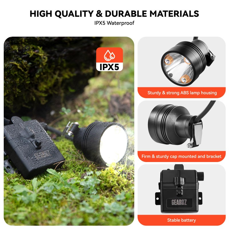 GearOZ 10W Coon Hunting Lights Headlamp for Coyotes Hog Predators, Rechargeable & IPX5 Waterproof, 6 Lighting Modes, 600 Lumens Bright 4-Color LED (White Red Green Amber) with Black Hunting Hat - Image 4
